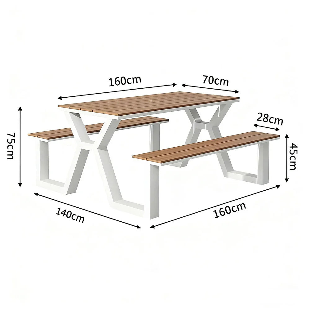 SOLARA 120/160/200cm Eco-Friendly Outdoor Table & Chair Set Waterproof Sunproof Plastic-Wood Surface Durable Anti-Oxidation Steel Frame - White
