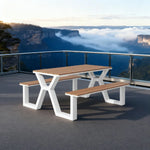 SOLARA 120/160/200cm Eco-Friendly Outdoor Table & Chair Set Waterproof Sunproof Plastic-Wood Surface Durable Anti-Oxidation Steel Frame - White