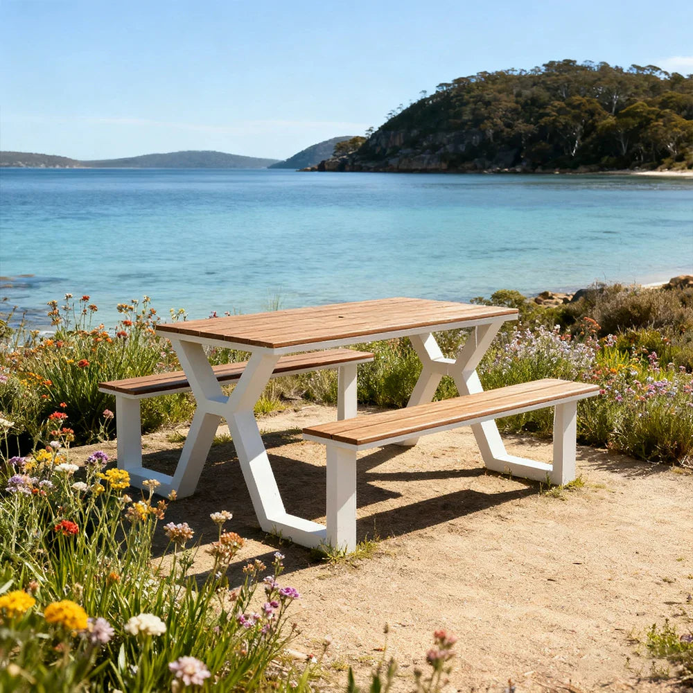 SOLARA 120/160/200cm Eco-Friendly Outdoor Table & Chair Set Waterproof Sunproof Plastic-Wood Surface Durable Anti-Oxidation Steel Frame - White