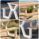 SOLARA 120/160/200cm Eco-Friendly Outdoor Table & Chair Set Waterproof Sunproof Plastic-Wood Surface Durable Anti-Oxidation Steel Frame - White