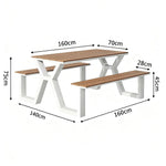 SOLARA 120/160/200cm Eco-Friendly Outdoor Table & Chair Set Waterproof Sunproof Plastic-Wood Surface Durable Anti-Oxidation Steel Frame - White