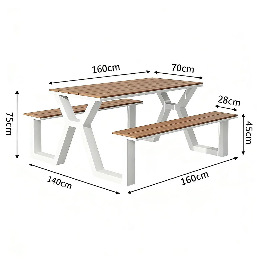 SOLARA 120/160/200cm Eco-Friendly Outdoor Table & Chair Set Waterproof Sunproof Plastic-Wood Surface Durable Anti-Oxidation Steel Frame - White