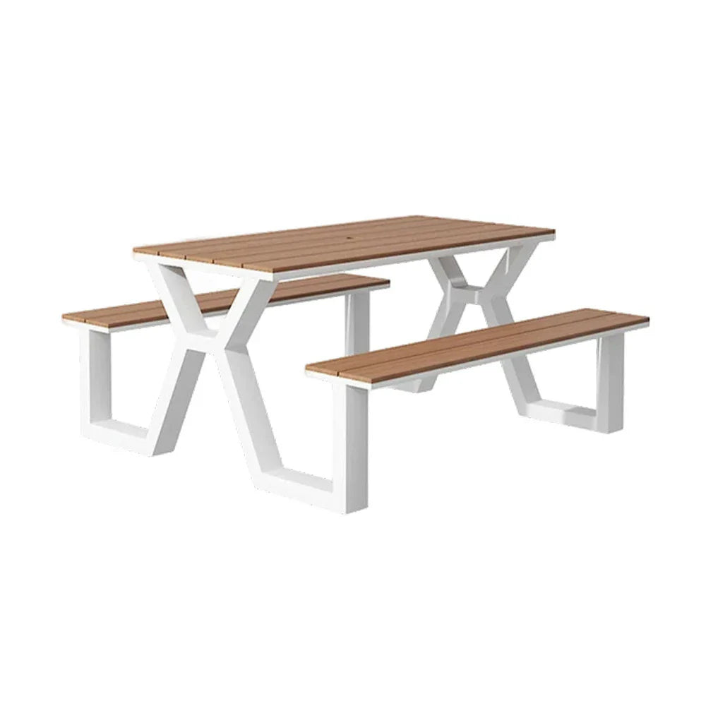 SOLARA 120/160/200cm Eco-Friendly Outdoor Table & Chair Set Waterproof Sunproof Plastic-Wood Surface Durable Anti-Oxidation Steel Frame - White