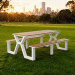 SOLARA 120/160/200cm Eco-Friendly Outdoor Table & Chair Set Waterproof Sunproof Plastic-Wood Surface Durable Anti-Oxidation Steel Frame - White