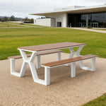 SOLARA 120/160/200cm Eco-Friendly Outdoor Table & Chair Set Waterproof Sunproof Plastic-Wood Surface Durable Anti-Oxidation Steel Frame - White