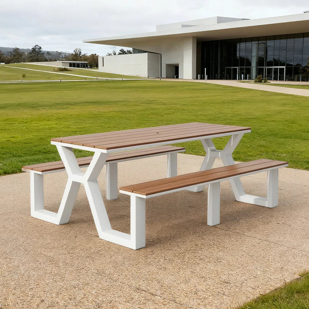 SOLARA 120/160/200cm Eco-Friendly Outdoor Table & Chair Set Waterproof Sunproof Plastic-Wood Surface Durable Anti-Oxidation Steel Frame - White