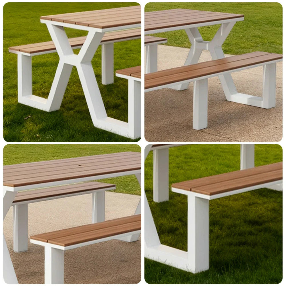 SOLARA 120/160/200cm Eco-Friendly Outdoor Table & Chair Set Waterproof Sunproof Plastic-Wood Surface Durable Anti-Oxidation Steel Frame - White