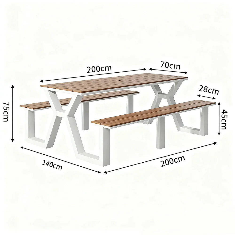 SOLARA 120/160/200cm Eco-Friendly Outdoor Table & Chair Set Waterproof Sunproof Plastic-Wood Surface Durable Anti-Oxidation Steel Frame - White