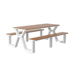 SOLARA 120/160/200cm Eco-Friendly Outdoor Table & Chair Set Waterproof Sunproof Plastic-Wood Surface Durable Anti-Oxidation Steel Frame - White