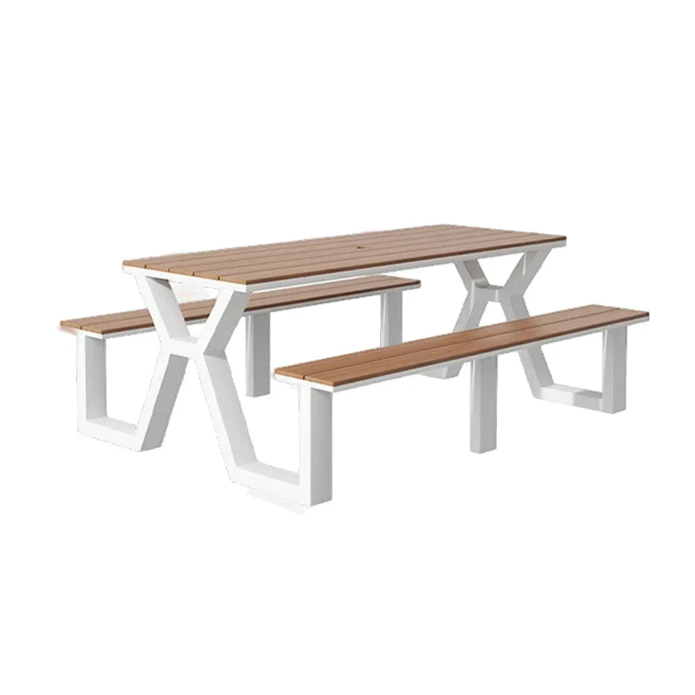 SOLARA 120/160/200cm Eco-Friendly Outdoor Table & Chair Set Waterproof Sunproof Plastic-Wood Surface Durable Anti-Oxidation Steel Frame - White