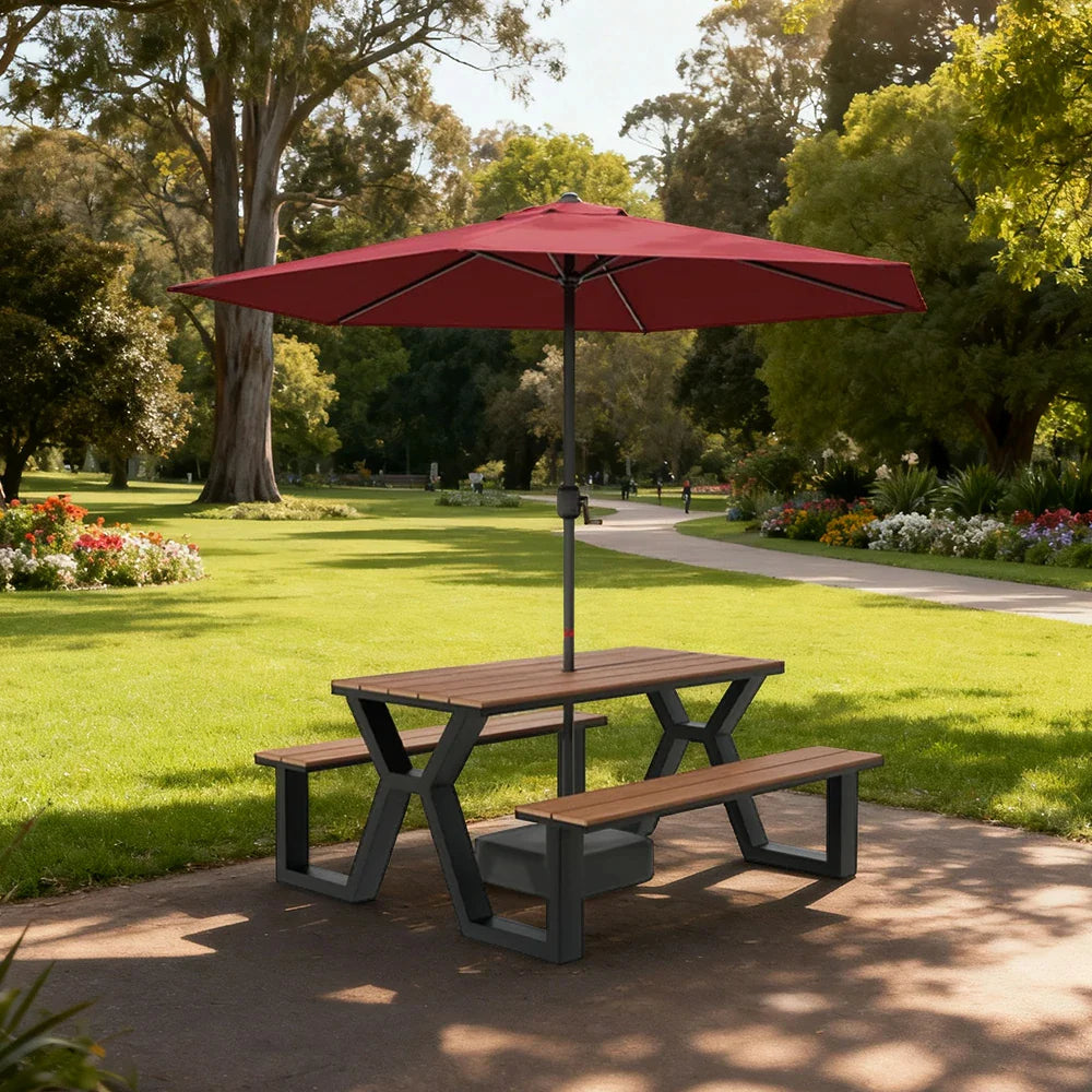 SOLARA 120/160/200cm Eco-Friendly Outdoor Table Chair & Umbrella Set Waterproof Sunproof Plastic-Wood Surface Durable Anti-Oxidation Steel Frame - Black