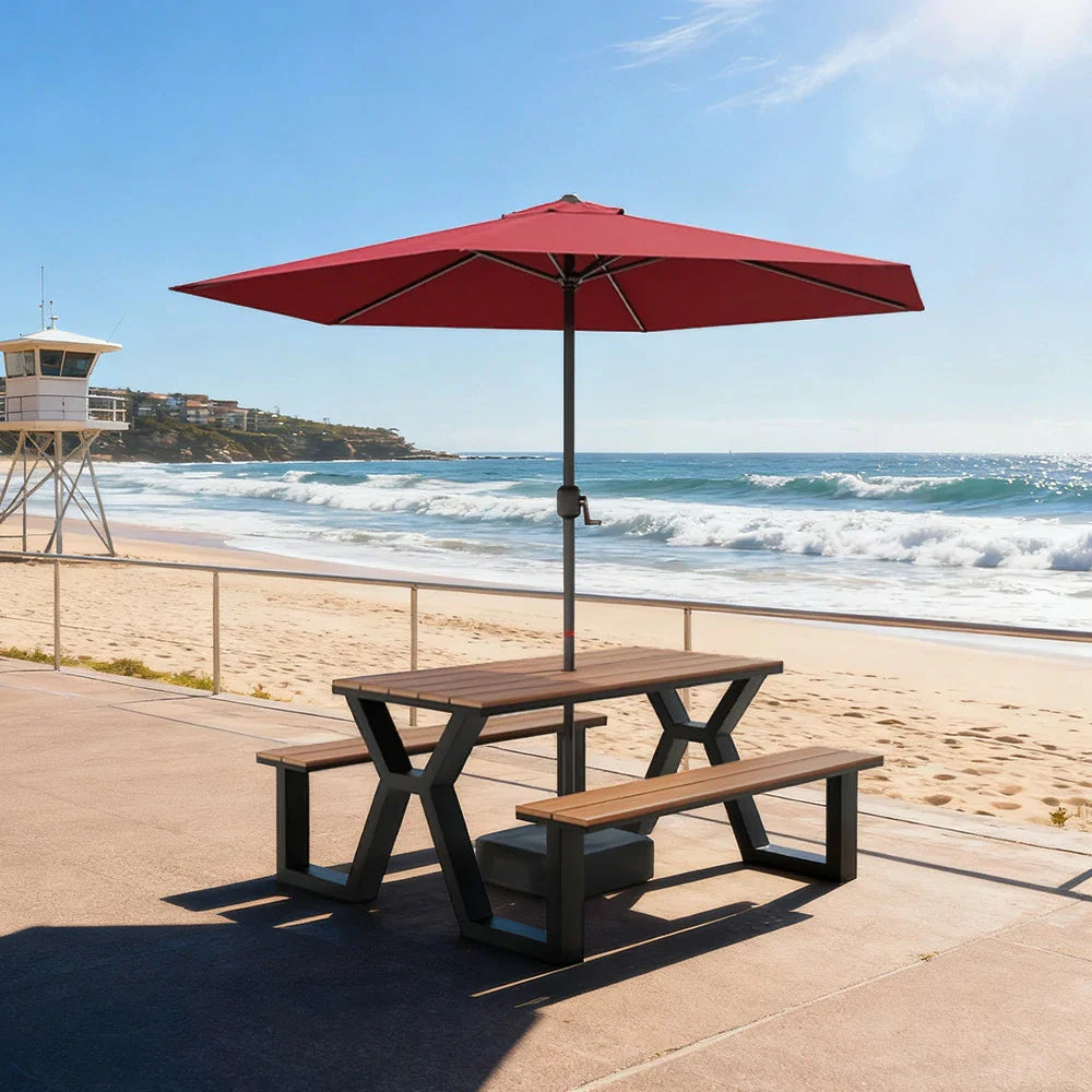 SOLARA 120/160/200cm Eco-Friendly Outdoor Table Chair & Umbrella Set Waterproof Sunproof Plastic-Wood Surface Durable Anti-Oxidation Steel Frame - Black