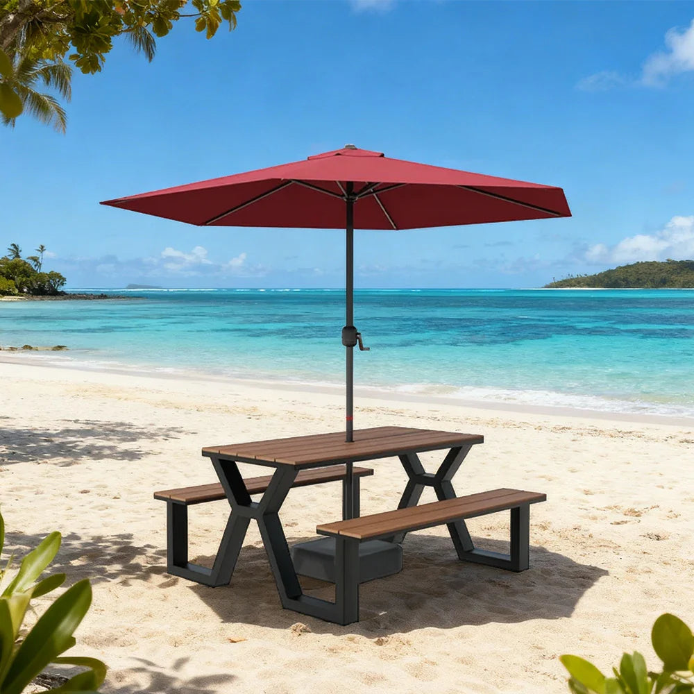 SOLARA 120/160/200cm Eco-Friendly Outdoor Table Chair & Umbrella Set Waterproof Sunproof Plastic-Wood Surface Durable Anti-Oxidation Steel Frame - Black