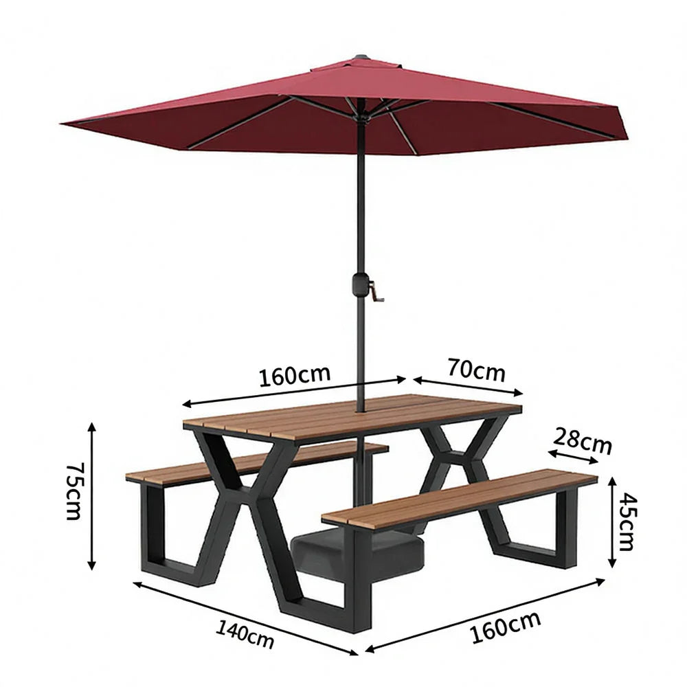 SOLARA 120/160/200cm Eco-Friendly Outdoor Table Chair & Umbrella Set Waterproof Sunproof Plastic-Wood Surface Durable Anti-Oxidation Steel Frame - Black