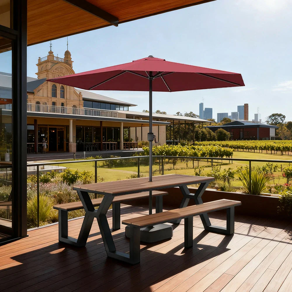 SOLARA 120/160/200cm Eco-Friendly Outdoor Table Chair & Umbrella Set Waterproof Sunproof Plastic-Wood Surface Durable Anti-Oxidation Steel Frame - Black