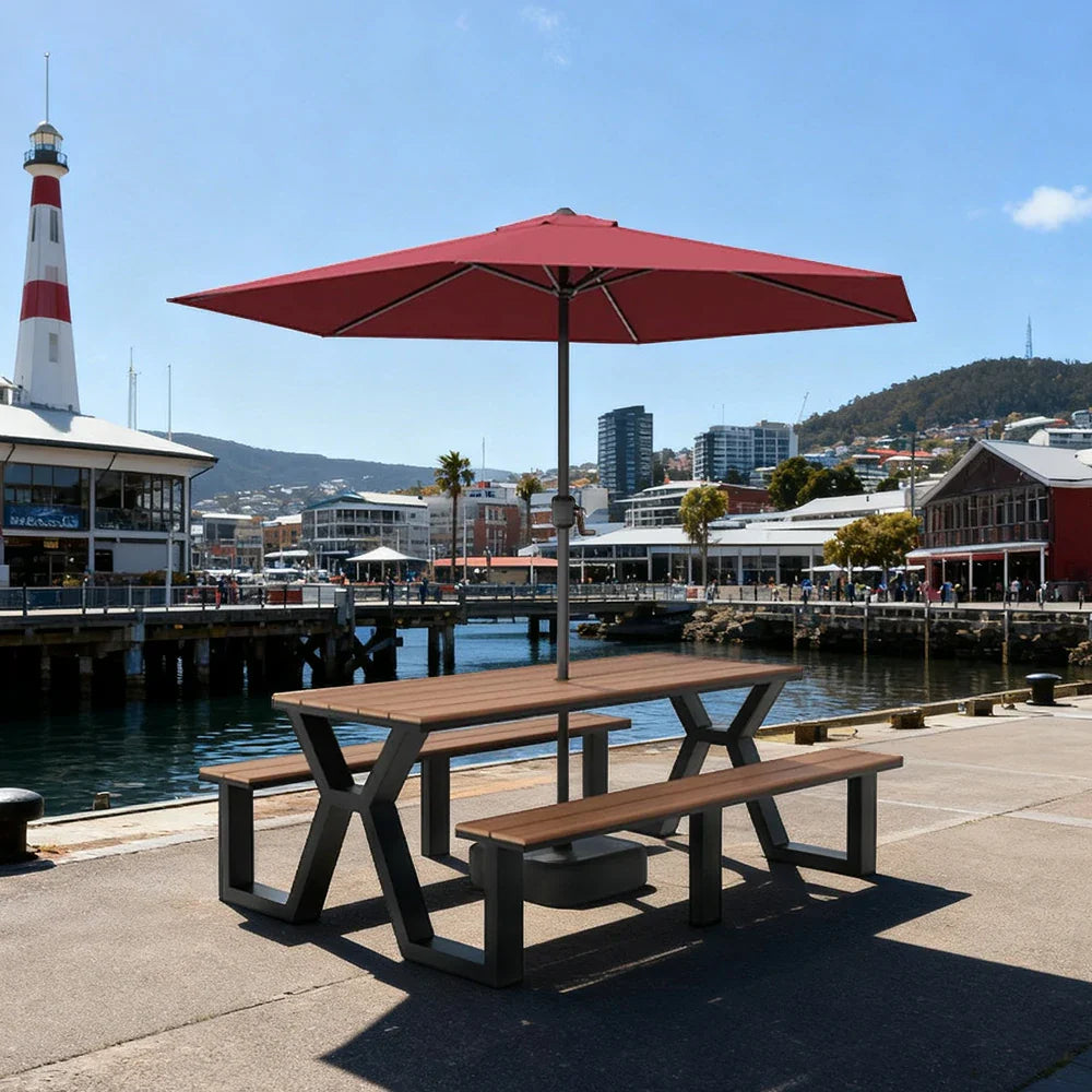 SOLARA 120/160/200cm Eco-Friendly Outdoor Table Chair & Umbrella Set Waterproof Sunproof Plastic-Wood Surface Durable Anti-Oxidation Steel Frame - Black