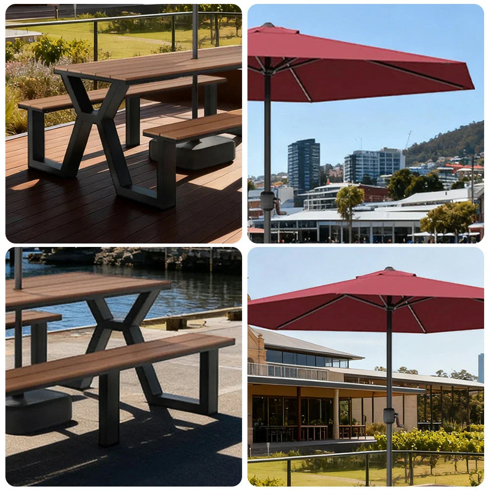 SOLARA 120/160/200cm Eco-Friendly Outdoor Table Chair & Umbrella Set Waterproof Sunproof Plastic-Wood Surface Durable Anti-Oxidation Steel Frame - Black