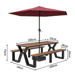 SOLARA 120/160/200cm Eco-Friendly Outdoor Table Chair & Umbrella Set Waterproof Sunproof Plastic-Wood Surface Durable Anti-Oxidation Steel Frame - Black