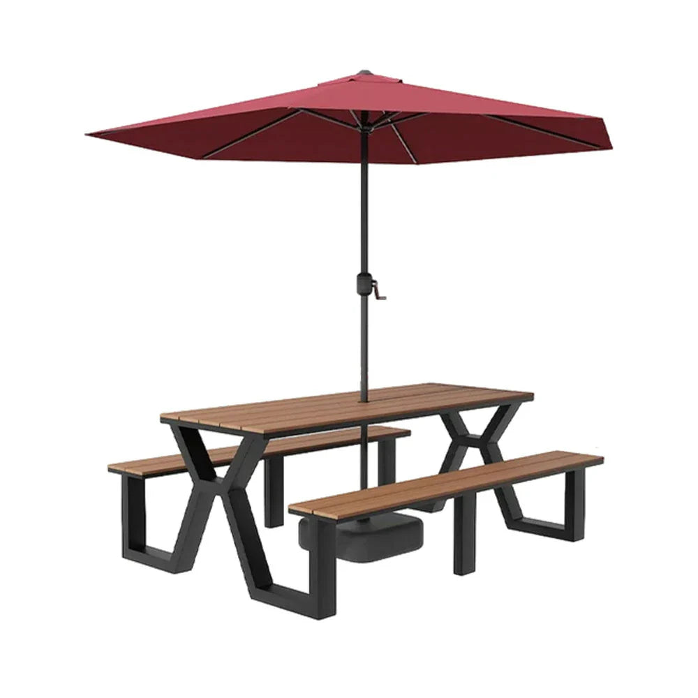 SOLARA 120/160/200cm Eco-Friendly Outdoor Table Chair & Umbrella Set Waterproof Sunproof Plastic-Wood Surface Durable Anti-Oxidation Steel Frame - Black