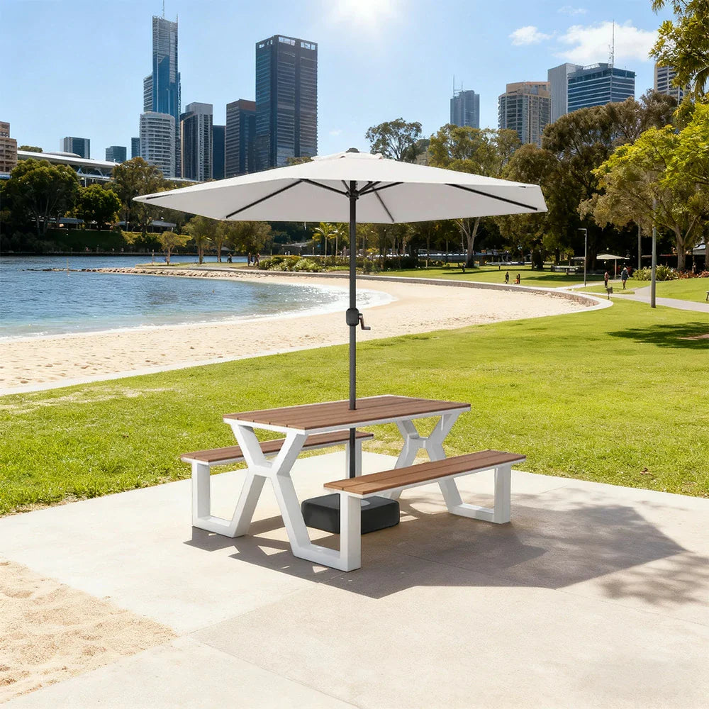 SOLARA 120/160/200cm Eco-Friendly Outdoor Table Chair & Umbrella Set Waterproof Sunproof Plastic-Wood Surface Durable Anti-Oxidation Steel Frame - White