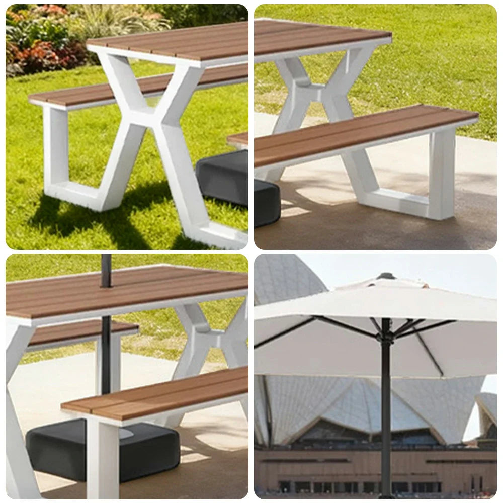 SOLARA 120/160/200cm Eco-Friendly Outdoor Table Chair & Umbrella Set Waterproof Sunproof Plastic-Wood Surface Durable Anti-Oxidation Steel Frame - White
