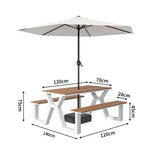 SOLARA 120/160/200cm Eco-Friendly Outdoor Table Chair & Umbrella Set Waterproof Sunproof Plastic-Wood Surface Durable Anti-Oxidation Steel Frame - White