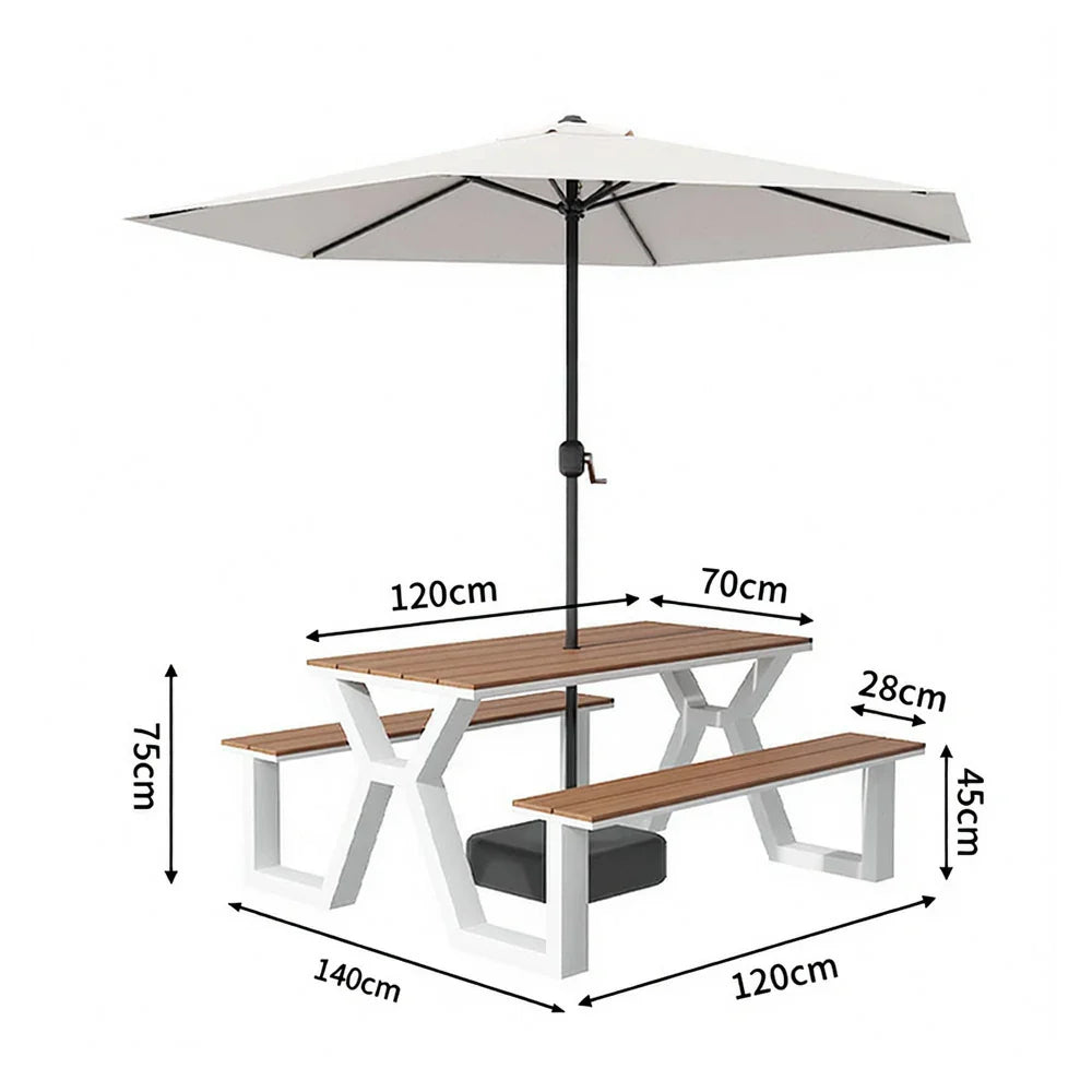 SOLARA 120/160/200cm Eco-Friendly Outdoor Table Chair & Umbrella Set Waterproof Sunproof Plastic-Wood Surface Durable Anti-Oxidation Steel Frame - White