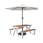 SOLARA 120/160/200cm Eco-Friendly Outdoor Table Chair & Umbrella Set Waterproof Sunproof Plastic-Wood Surface Durable Anti-Oxidation Steel Frame - White