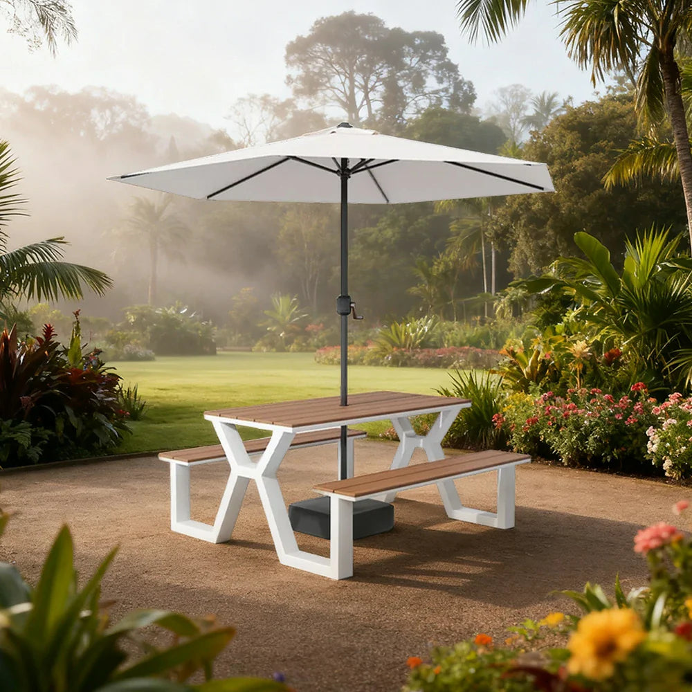 SOLARA 120/160/200cm Eco-Friendly Outdoor Table Chair & Umbrella Set Waterproof Sunproof Plastic-Wood Surface Durable Anti-Oxidation Steel Frame - White