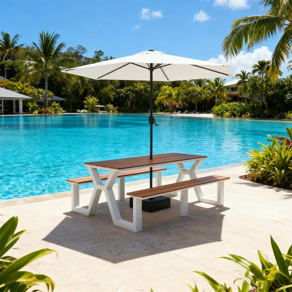 SOLARA 120/160/200cm Eco-Friendly Outdoor Table Chair & Umbrella Set Waterproof Sunproof Plastic-Wood Surface Durable Anti-Oxidation Steel Frame - White