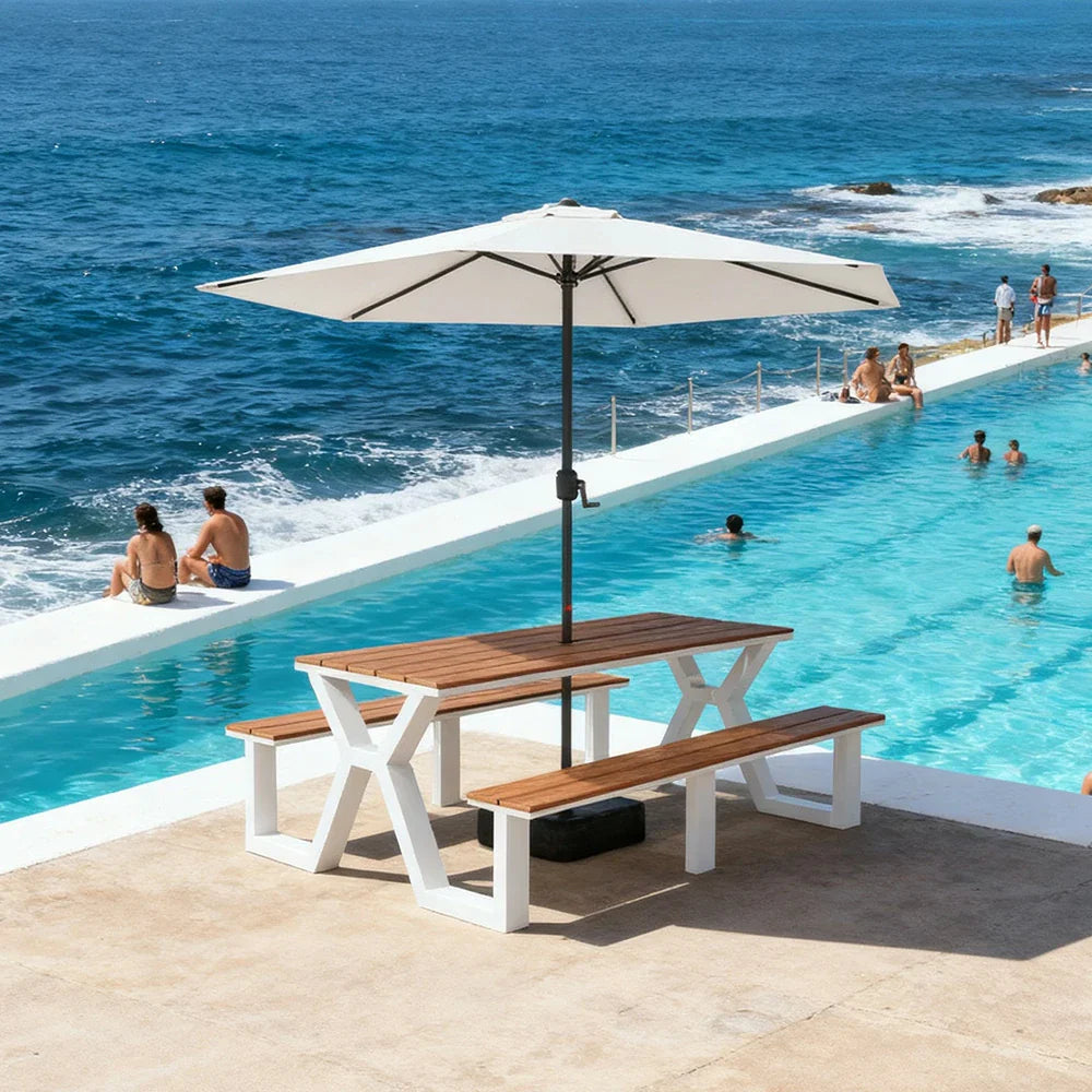 SOLARA 120/160/200cm Eco-Friendly Outdoor Table Chair & Umbrella Set Waterproof Sunproof Plastic-Wood Surface Durable Anti-Oxidation Steel Frame - White