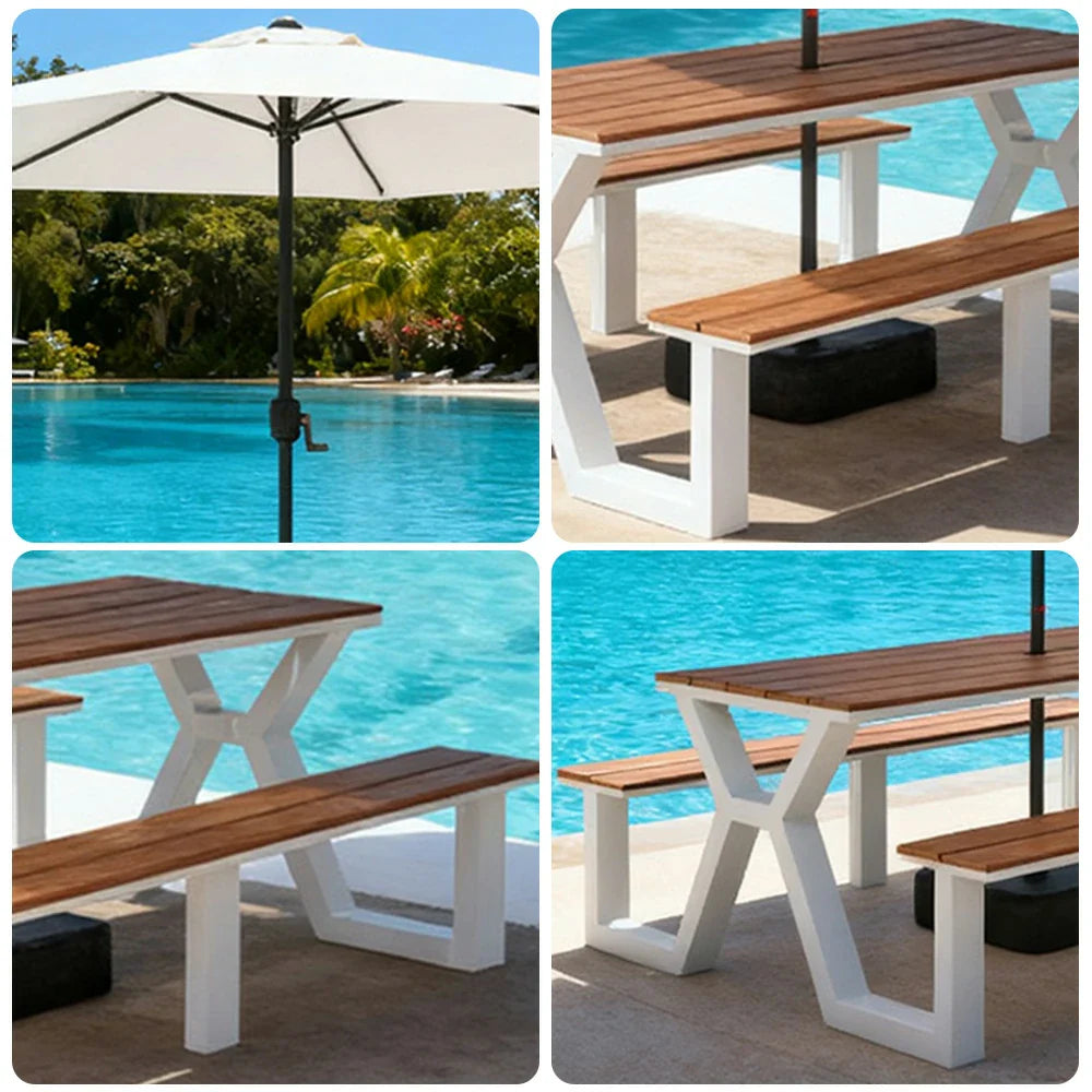 SOLARA 120/160/200cm Eco-Friendly Outdoor Table Chair & Umbrella Set Waterproof Sunproof Plastic-Wood Surface Durable Anti-Oxidation Steel Frame - White