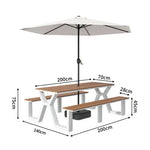 SOLARA 120/160/200cm Eco-Friendly Outdoor Table Chair & Umbrella Set Waterproof Sunproof Plastic-Wood Surface Durable Anti-Oxidation Steel Frame - White