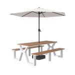 SOLARA 120/160/200cm Eco-Friendly Outdoor Table Chair & Umbrella Set Waterproof Sunproof Plastic-Wood Surface Durable Anti-Oxidation Steel Frame - White