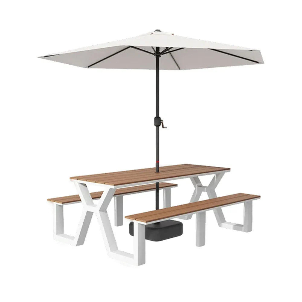 SOLARA 120/160/200cm Eco-Friendly Outdoor Table Chair & Umbrella Set Waterproof Sunproof Plastic-Wood Surface Durable Anti-Oxidation Steel Frame - White