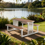 SOLARA Outdoor Set Chair & Table 120/160/200cm High-Temp Coated Steel Frame Strong Load-Bearing Waterproof Plastic-Wood Smooth Finish - White