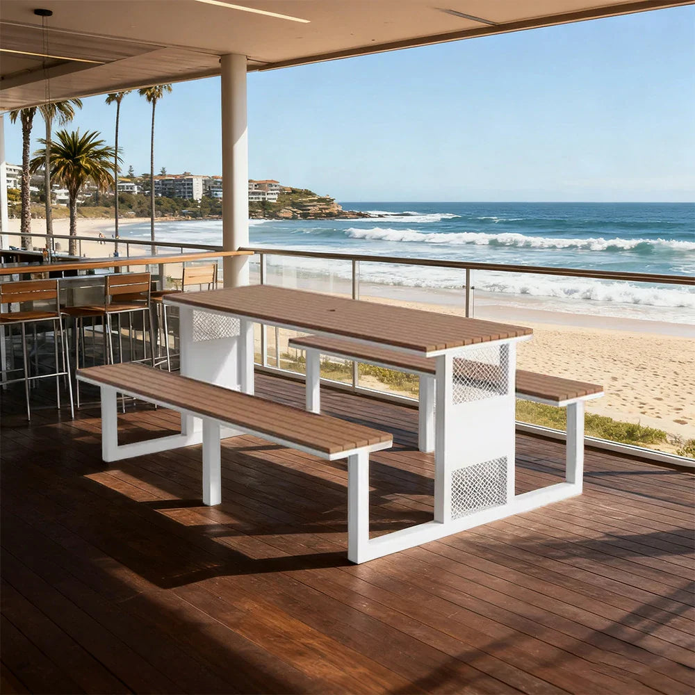 SOLARA Outdoor Set Chair & Table 120/160/200cm High-Temp Coated Steel Frame Strong Load-Bearing Waterproof Plastic-Wood Smooth Finish - White