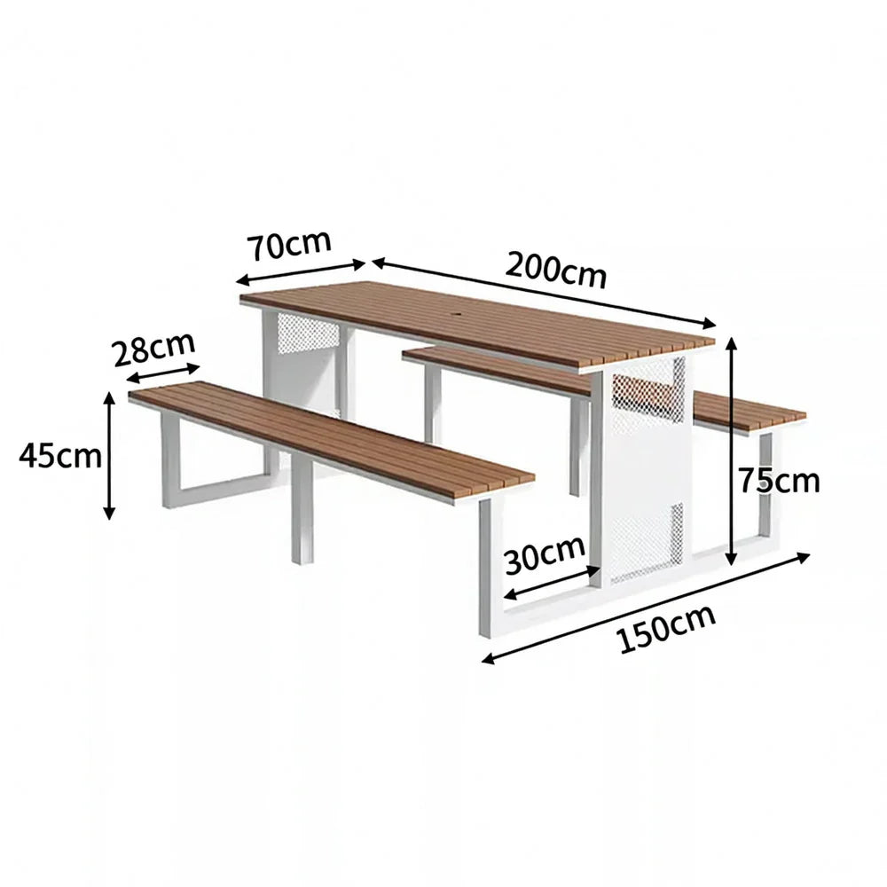 SOLARA Outdoor Set Chair & Table 120/160/200cm High-Temp Coated Steel Frame Strong Load-Bearing Waterproof Plastic-Wood Smooth Finish - White