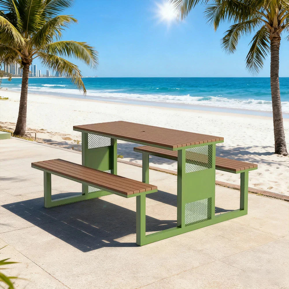 SOLARA Outdoor Set Chair & Table 120/160/200cm High-Temp Coated Steel Frame Strong Load-Bearing Waterproof Plastic-Wood Smooth Finish - Green