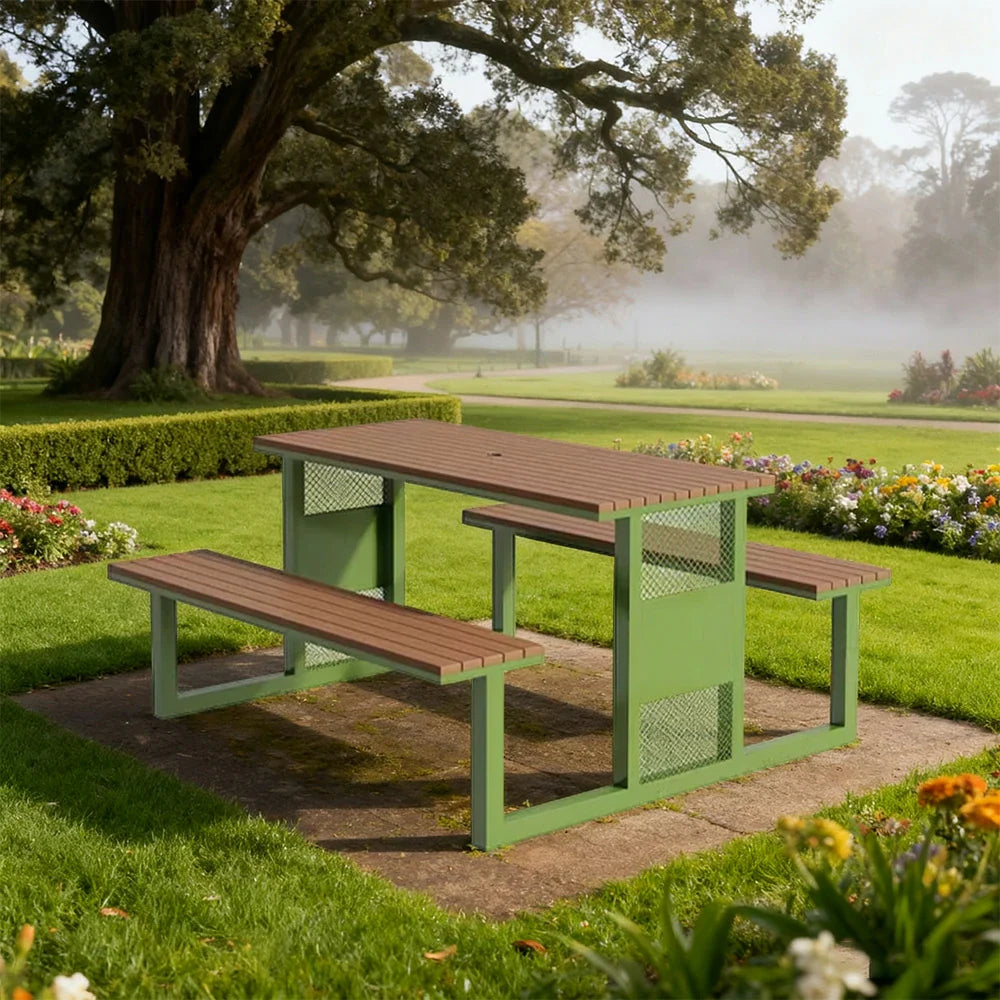 SOLARA Outdoor Set Chair & Table 120/160/200cm High-Temp Coated Steel Frame Strong Load-Bearing Waterproof Plastic-Wood Smooth Finish - Green