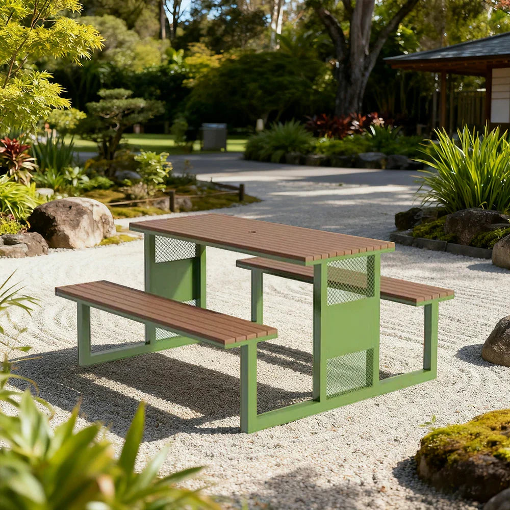 SOLARA Outdoor Set Chair & Table 120/160/200cm High-Temp Coated Steel Frame Strong Load-Bearing Waterproof Plastic-Wood Smooth Finish - Green