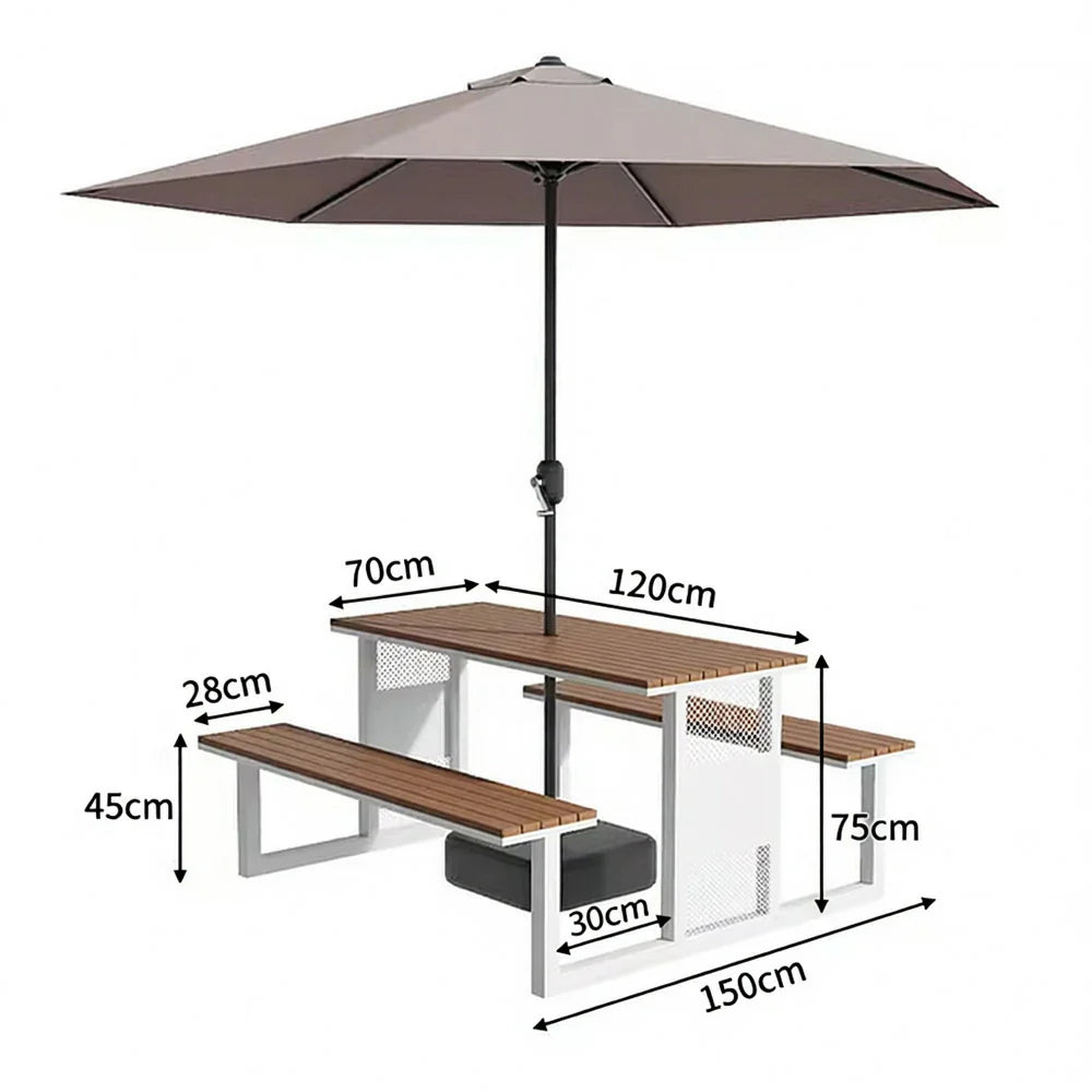 SOLARA 120/160/200cm Outdoor Set Umbrella & Chair Table High-Temp Coated Steel Frame Strong Load-Bearing Waterproof Plastic-Wood Smooth Finish - White