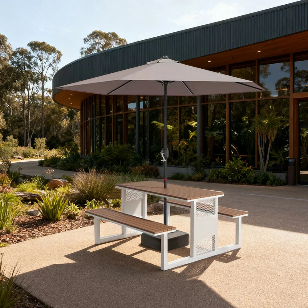 SOLARA 120/160/200cm Outdoor Set Umbrella & Chair Table High-Temp Coated Steel Frame Strong Load-Bearing Waterproof Plastic-Wood Smooth Finish - White