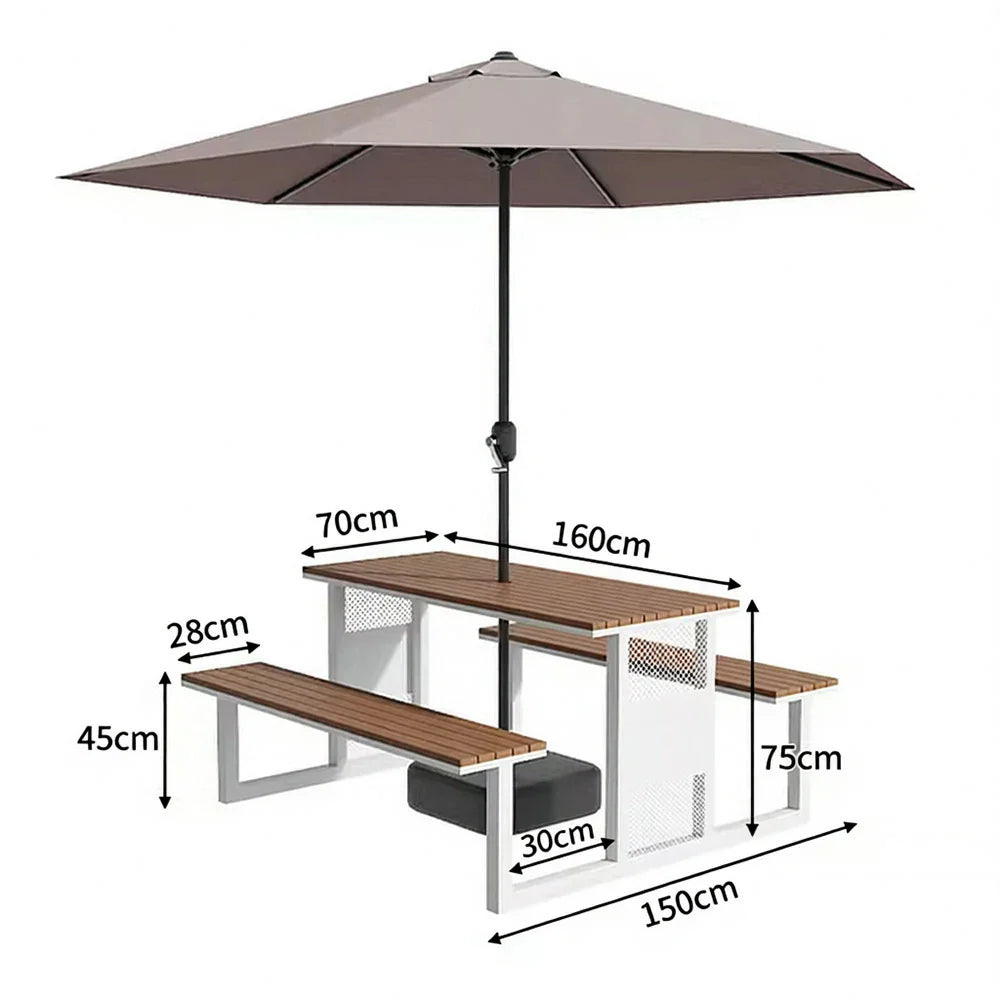 SOLARA 120/160/200cm Outdoor Set Umbrella & Chair Table High-Temp Coated Steel Frame Strong Load-Bearing Waterproof Plastic-Wood Smooth Finish - White