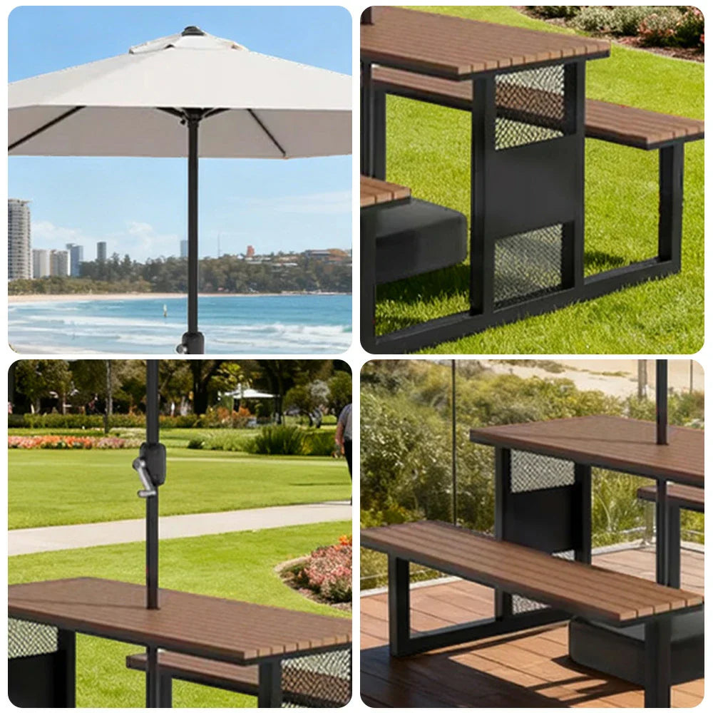 SOLARA 120/160/200cm Outdoor Set Umbrella & Chair Table High-Temp Coated Steel Frame Strong Load-Bearing Waterproof Plastic-Wood Smooth Finish - Black