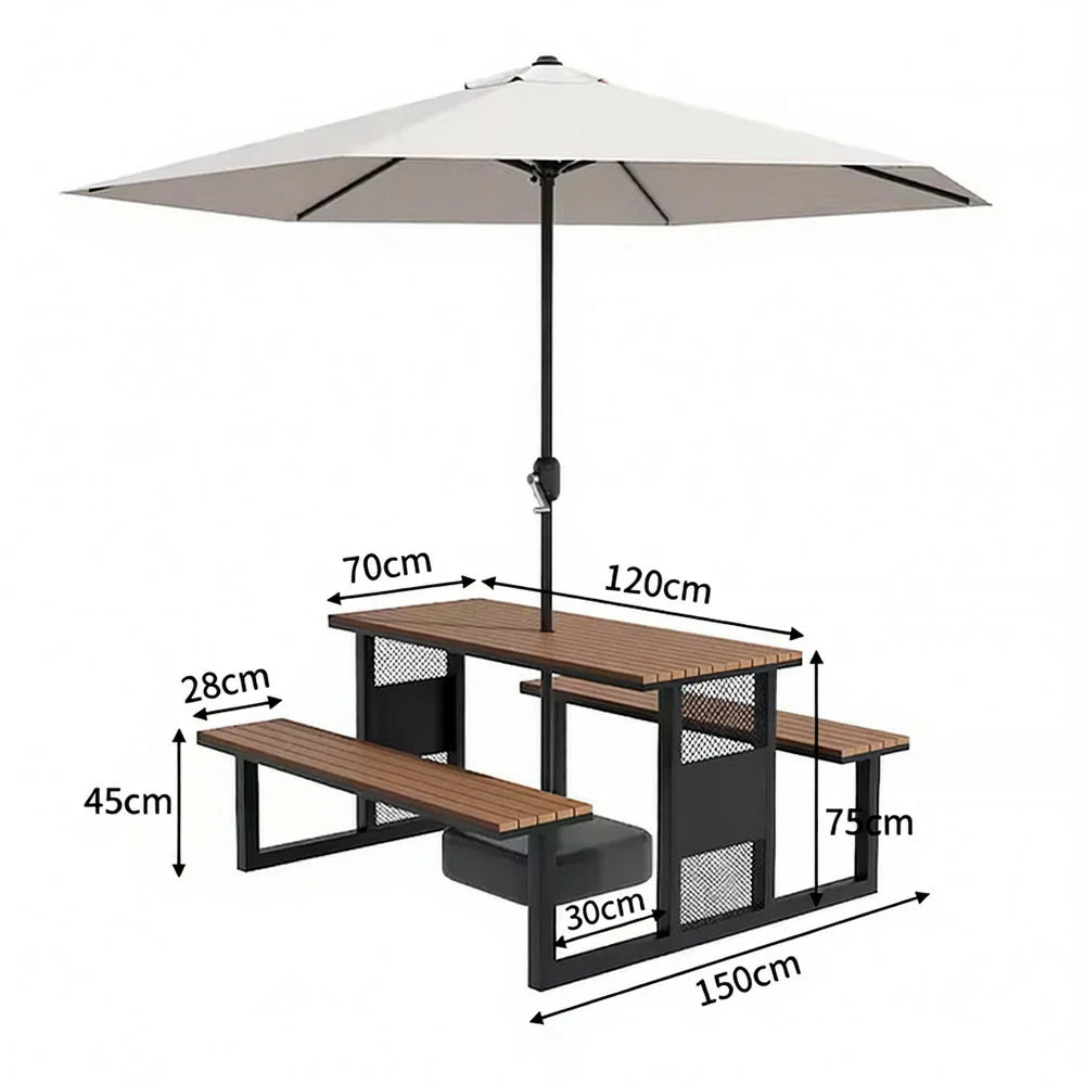 SOLARA 120/160/200cm Outdoor Set Umbrella & Chair Table High-Temp Coated Steel Frame Strong Load-Bearing Waterproof Plastic-Wood Smooth Finish - Black