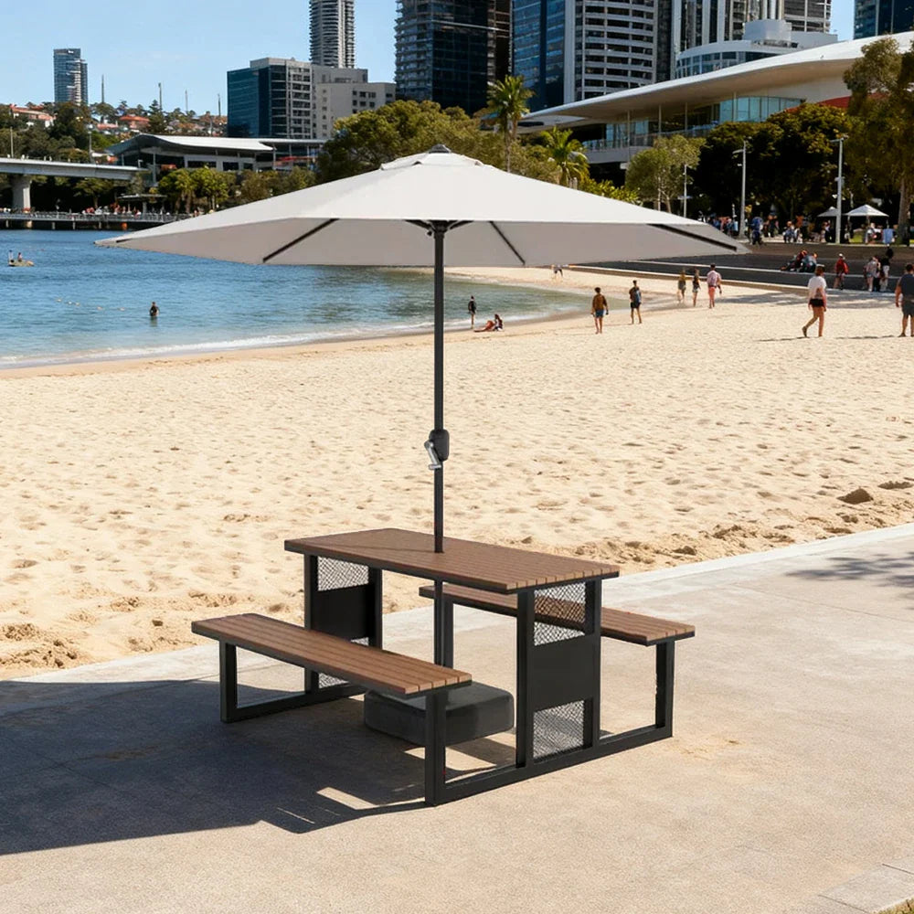 SOLARA 120/160/200cm Outdoor Set Umbrella & Chair Table High-Temp Coated Steel Frame Strong Load-Bearing Waterproof Plastic-Wood Smooth Finish - Black