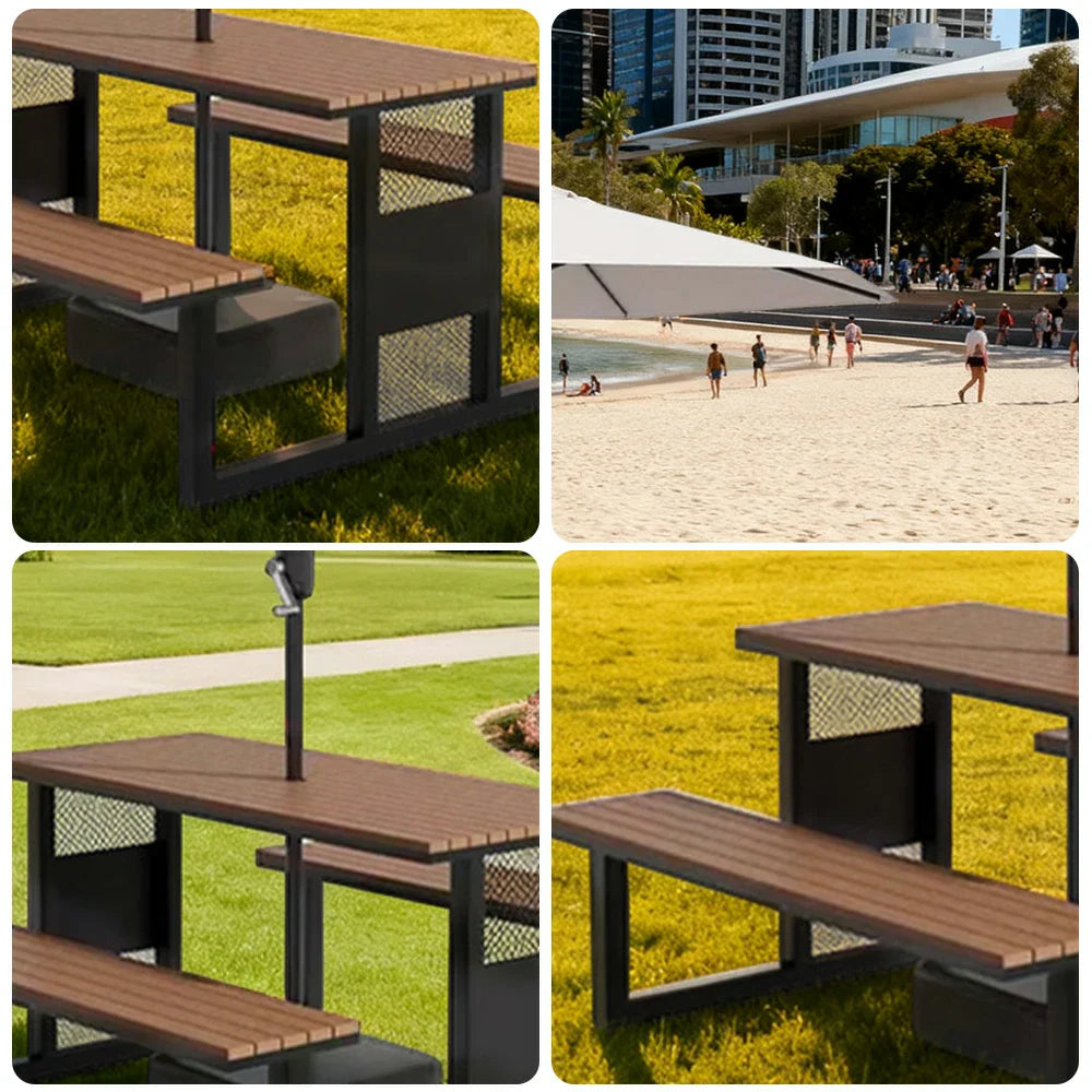 SOLARA 120/160/200cm Outdoor Set Umbrella & Chair Table High-Temp Coated Steel Frame Strong Load-Bearing Waterproof Plastic-Wood Smooth Finish - Black
