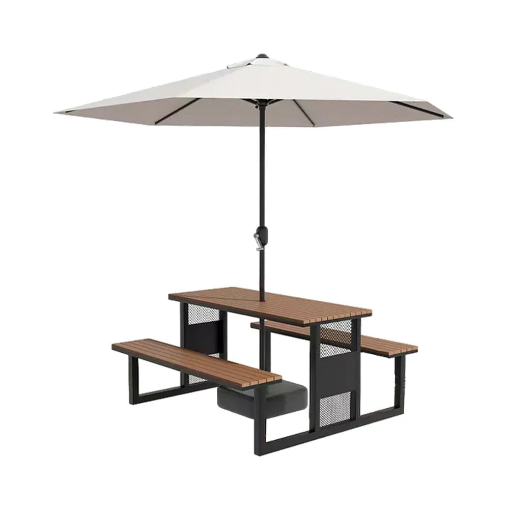 SOLARA 120/160/200cm Outdoor Set Umbrella & Chair Table High-Temp Coated Steel Frame Strong Load-Bearing Waterproof Plastic-Wood Smooth Finish - Black