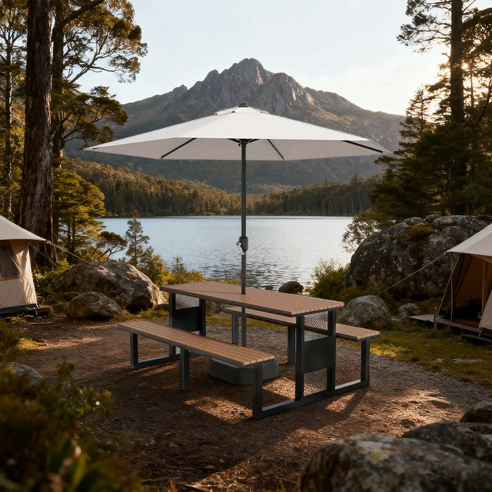SOLARA 120/160/200cm Outdoor Set Umbrella & Chair Table High-Temp Coated Steel Frame Strong Load-Bearing Waterproof Plastic-Wood Smooth Finish - Black